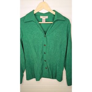 Sag Harbor Women's Button Up Blouse Petite Medium Green Floral Heavyweight Artsy